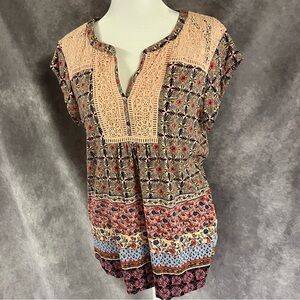 Daniel Rainn‎ Bohemian Floral Lace V-Neck Women's Top M  Hippie Retro Flowy